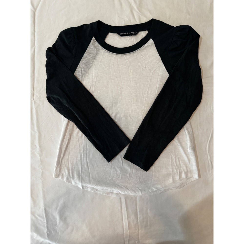 Veronica Beard Mason Baseball Tee Emerald Green White 3/4 Puff Sleeve Slub Large